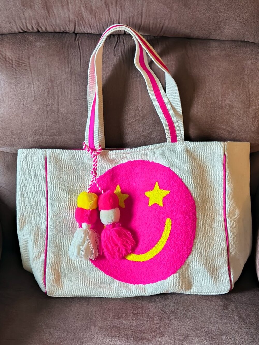 Hot Pink Star Eye Happy Face Canvas Tote Bag